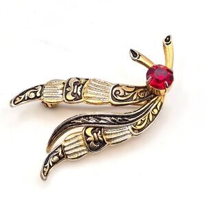 Vintage Leaf and Curl Brooch Pin Red Gem Two Tone Enameled Metal Ornate Texture